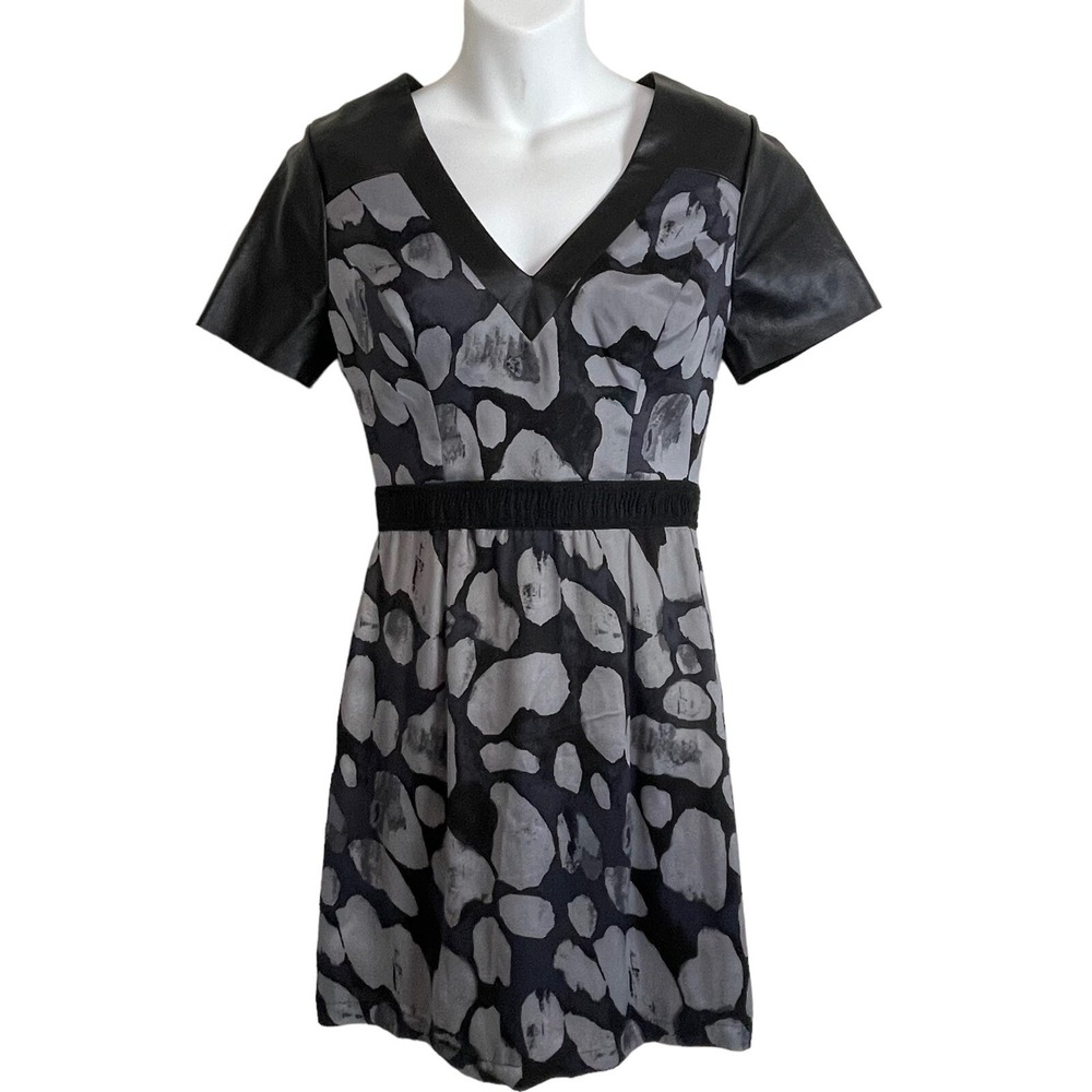 Tracy Reese Sz 2‎ Leather Trim Mixed Media Dress Black Gray Whimsigoth